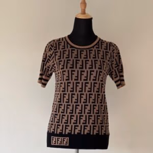 Fendi Brown Zucca Monogram Knit Ribge Sleeve Top