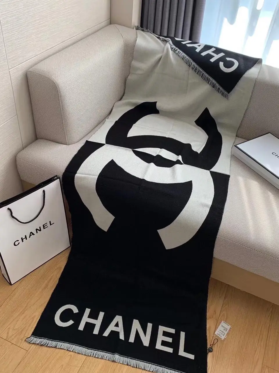 CHANEL Style Cashmere Fringe Stole Scarf CHANEL Style Cashmere Fringe Stole Scarf