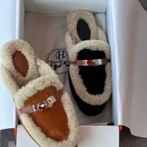 HERMES Designer Cowhide Leather Wool Cluggette Slipper