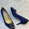 Manolo Blahnik Blue Satin Hangisi Crystal Embellished Pumps