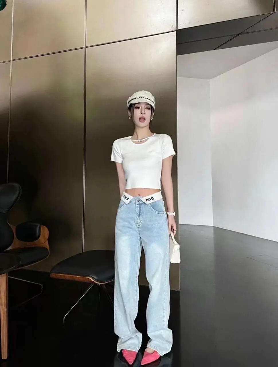 MIU MIU Women Light Blue High-Waist Wide-Leg Jeans MIU MIU Women Light Blue High-Waist Wide-Leg Jeans
