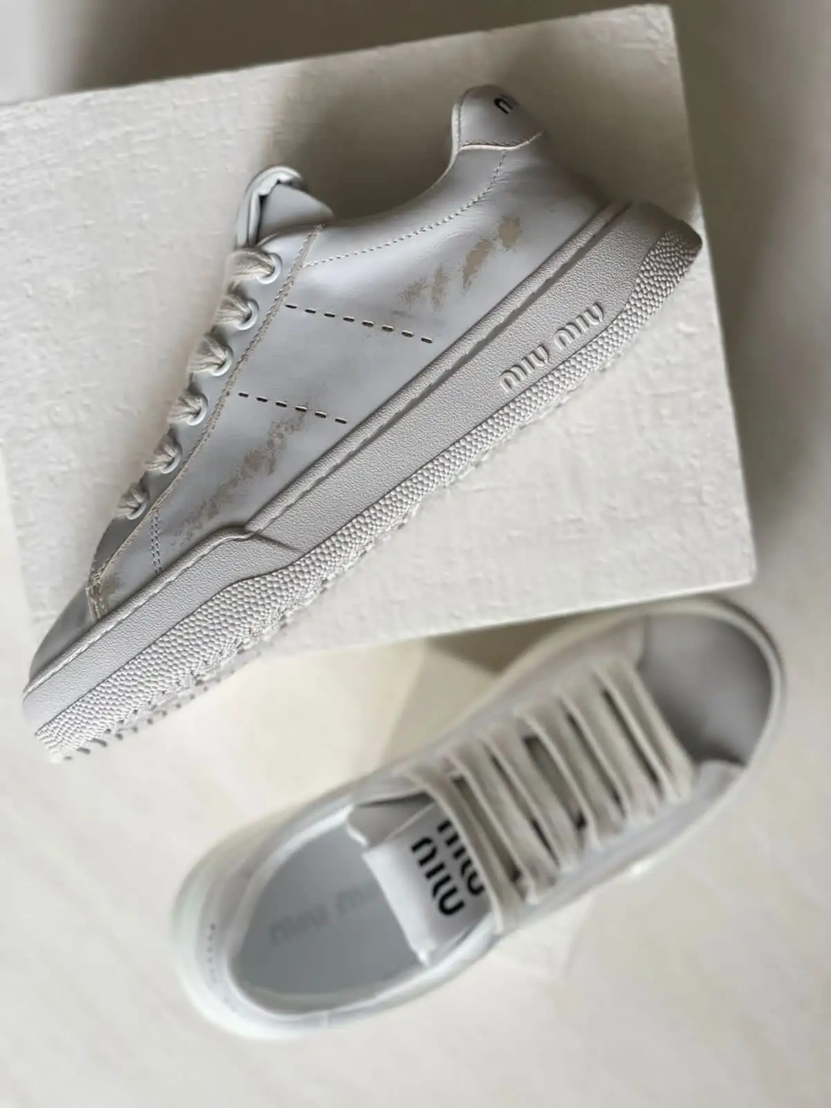 MIU MIU Distressed Leather Low-Top Sneaker MIU MIU Distressed Leather Low-Top Sneaker