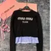 MIU MIU Striped Ruffle Detail Top