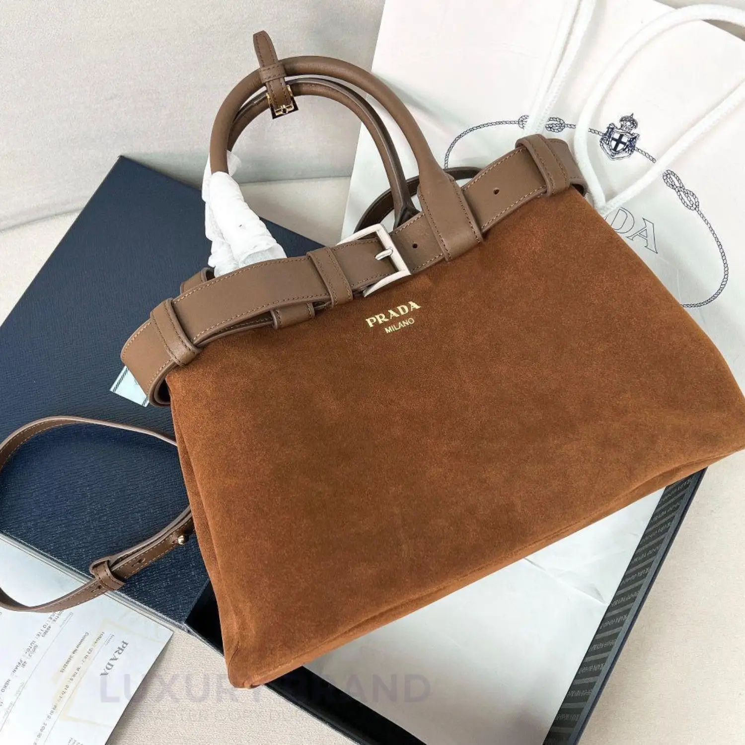 PRADA Saffiano Leather Buckle Handbag PRADA Saffiano Leather Buckle Handbag